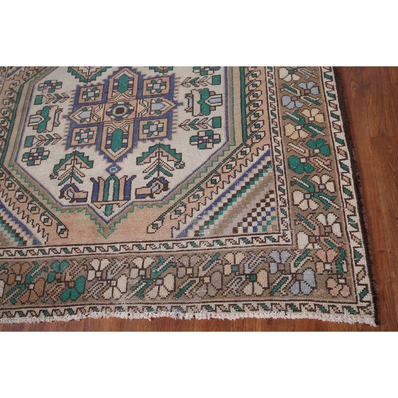 Beige Geometric Bakhtiari Vintage Persian Rug Handmade Wool Carpet - 4'10" x 9'9"