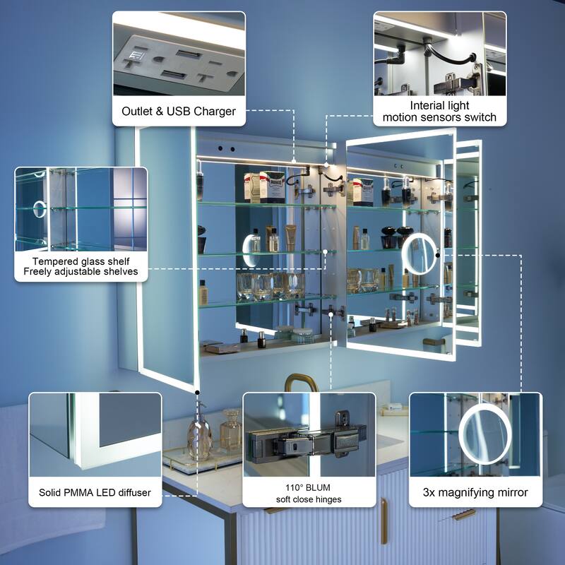 30'' H Recessed or Surface Frameless LED Mirror Cabinet With Defogger, Dimmer, Outlets & USB Ports 