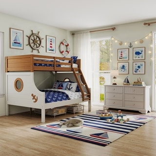 Furniture of America Luza 2-Piece Solid Wood Twin over Full Captain's Boat Bunk Bed and Dresser Kids Bedroom Set