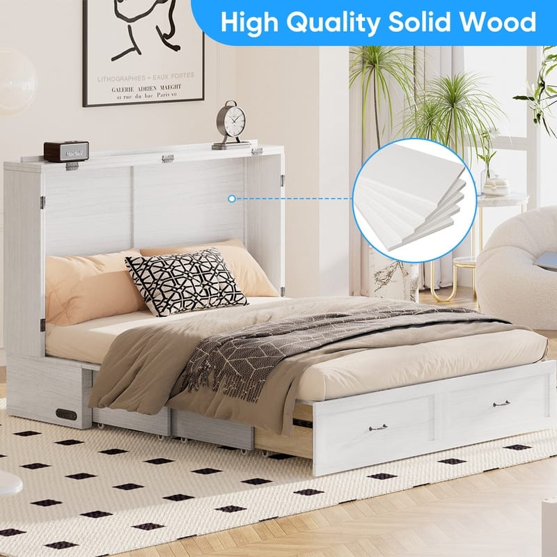 Mixoy Modern Queen Size Murphy Bed Chest with USB ports & Storage Drawers, No Mattress