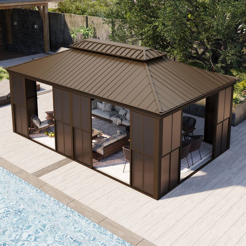 Hardtop Gazebo with Double Steel Roof, Sliding/Lockable Doors & Screens - All-Season Rustproof Aluminum Frame，Advanced Drainage