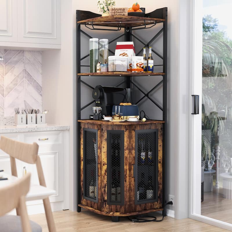 Corner Bar Cabinet with Charging Station and Ambiance Light, Liquor Display Storage Shelves with Glass Holder - Brown