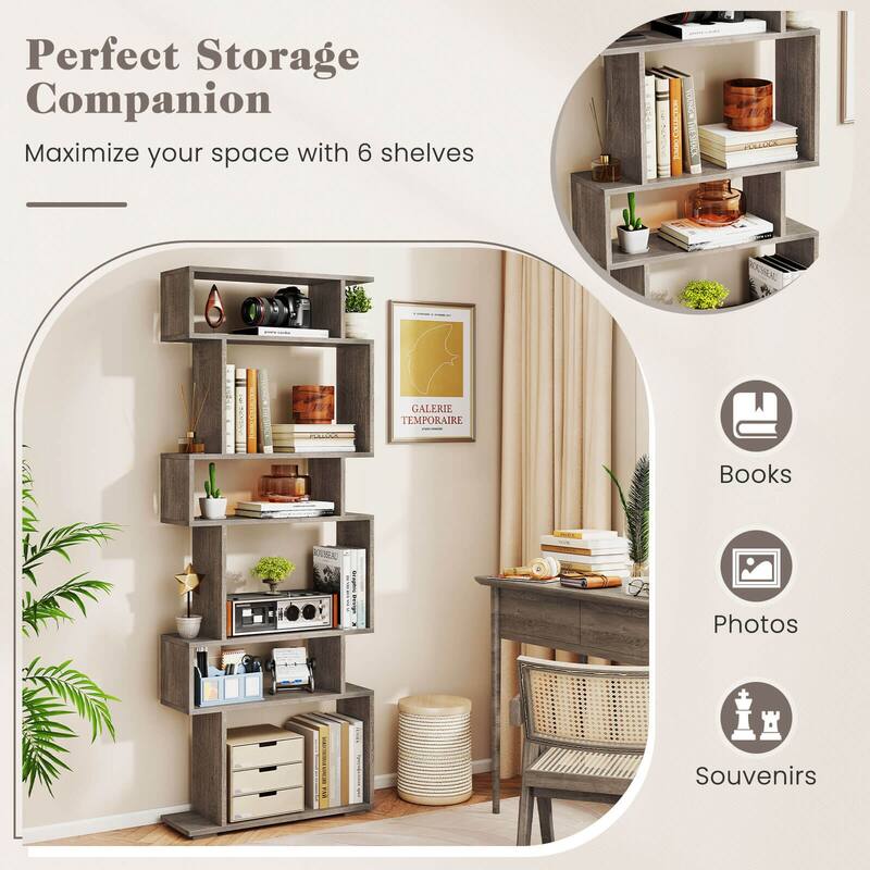 Costway 6-tier Storage Bookshelf S-shaped Geometric Bookcase with - See Details