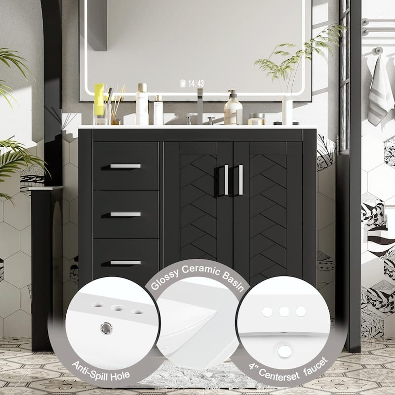 36'' Bathroom Vanity with Ceramic Sink Combo, Solid Wood Frame Bathroom Storage Cabinet