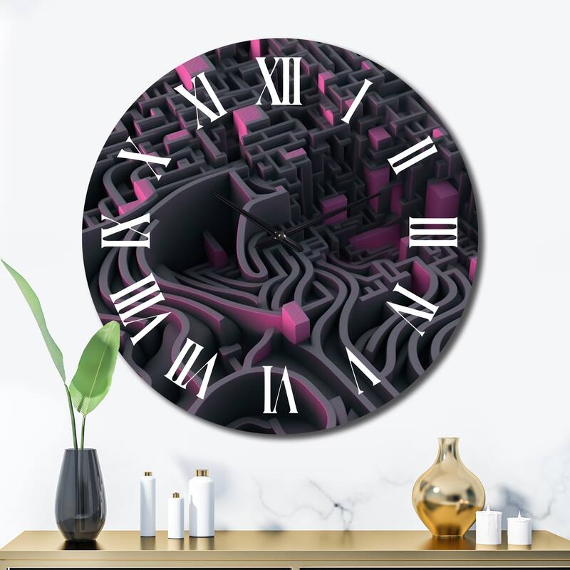 Designart "Futuristic Labyrinth Purple Maze Matrix II" Modern Geometric Oversized Wall Clock - 36 In. Wide x 36 In. High