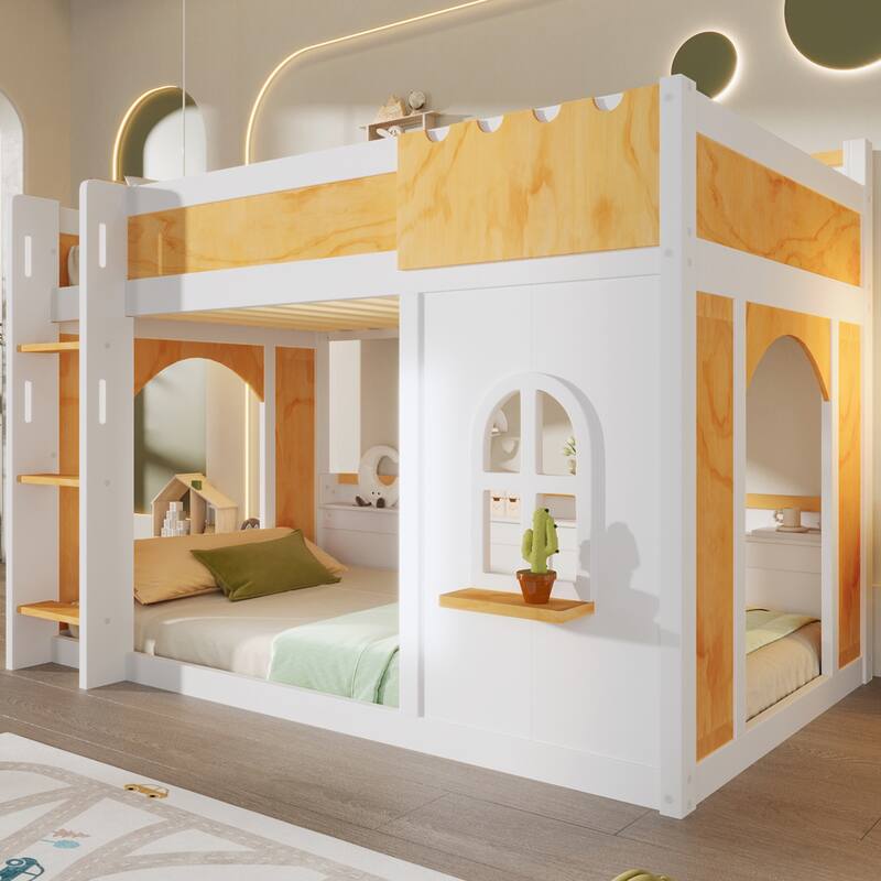 GDFStudio - Wood Bunk Bed with Storage Shelves, Window and Dual Doors