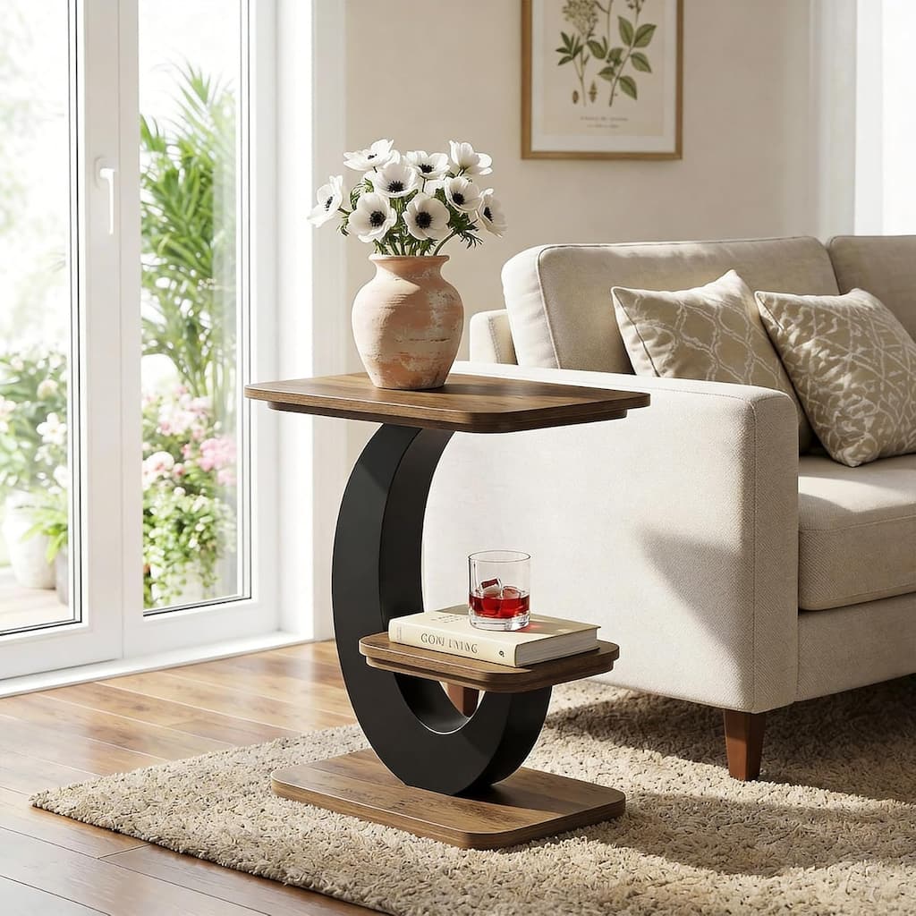 Industrial 2-Tier Narrow Side Table with Metal Arc Frame, Wooden End Table Nightstand with Storage Shelf for Small Spaces