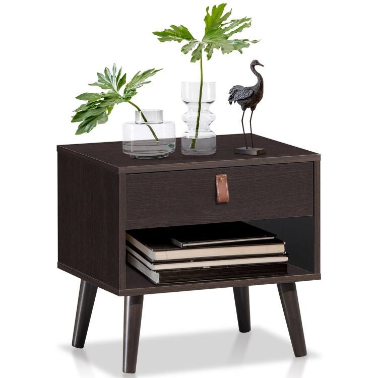 Nightstand Bedroom Table with Drawer Storage Shelf - Brown