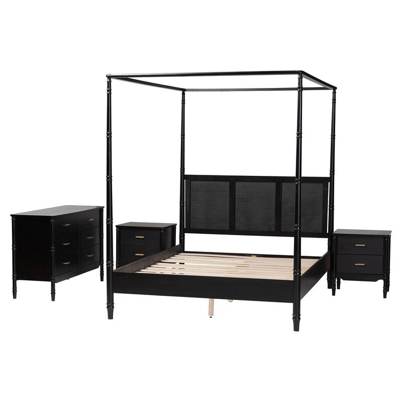 Marisela 4-Piece Black Bedroom Set - Canopy Bed with Synthetic Rattan Headboard, Matching Dresser and Two Nightstands