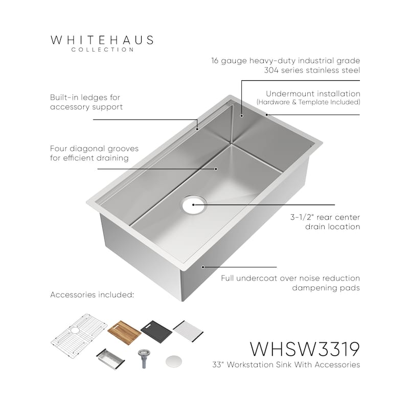 Whitehaus Undermount Single Bowl 16 Gauge Brushed Stainless Steel Workstation Sink With Accessories