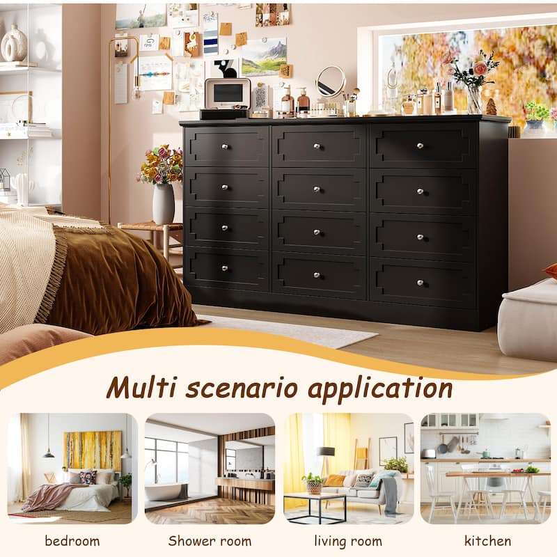 Modern 12-Drawer White Wooden Dresser for Bedroom and Living Room Storage