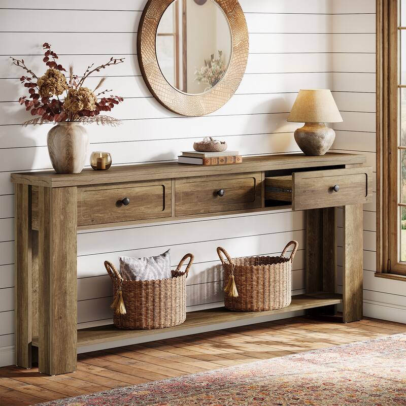 70.9 Inch Long Console Table for Entryway, Farmhouse Accent Consoe Table with 3 Drawers, Rectangular Sofa Table Behind the Couch - Brown