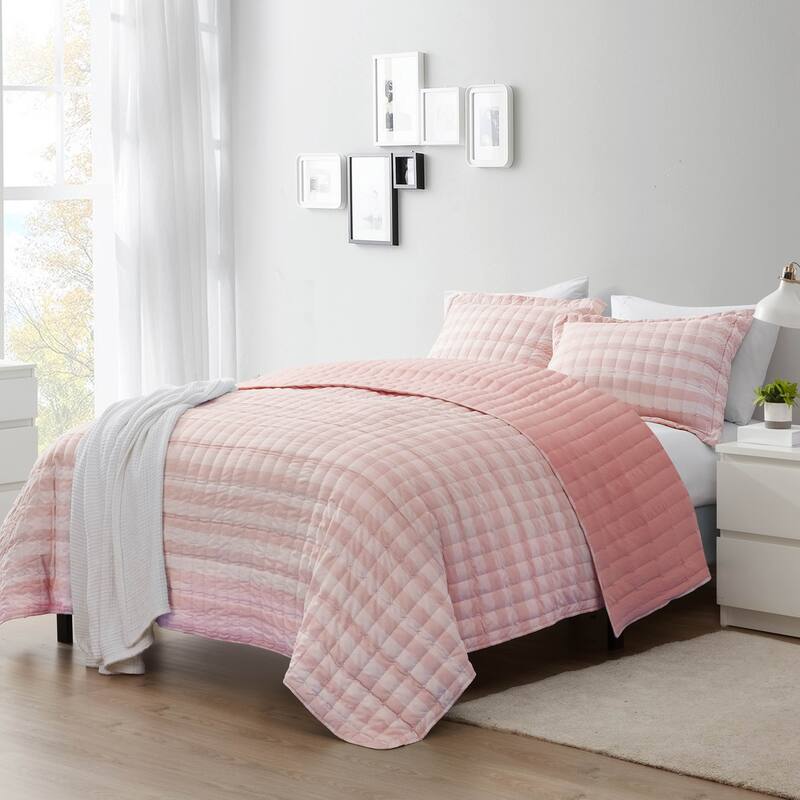 Sweet Home Collection 3 Piece Embroidered Checkered Quilt and Pillow Sham Set - Light Burgundy - King