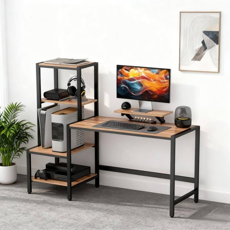 Computer Desk, CPU Desk with Monitor Stand, Reversible 4-Tier Shelf,for Home and Office - Black+Brown