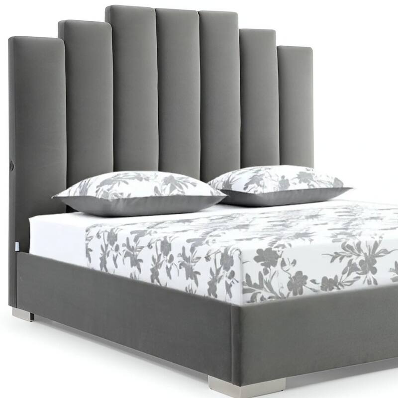 HomeRoots Queen Grey Upholstered Vertical Channel Velvet Bed with USB.