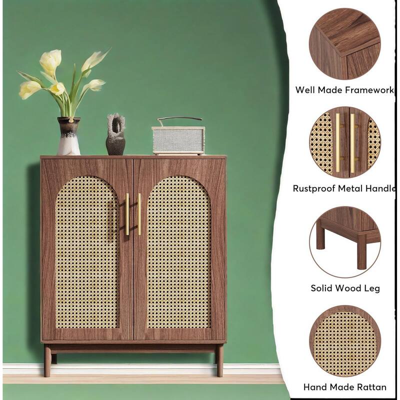 Handcrafted Rattan Storage Cabinet with Solid Wood Legs Multi-Purpose Sideboard Buffet for Kitchen Dining Living Room