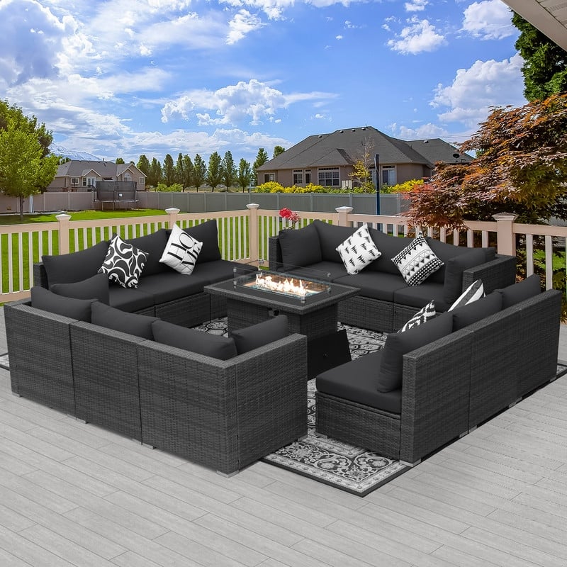 FINCATI Outdoor Furniture Wicker Sectional Patio Conversation Sofa Set with 43″ Fire Pit Table