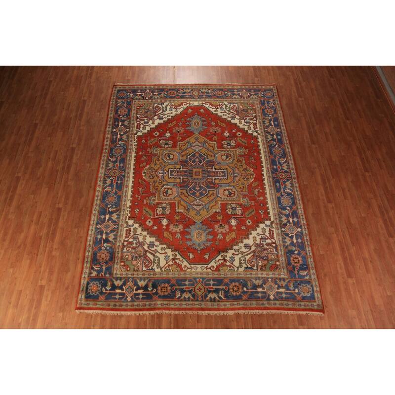 Heriz Serapi Indian Rug Hand-Knotted Medallion Orange Wool Carpet - 9'0"x 11'11"