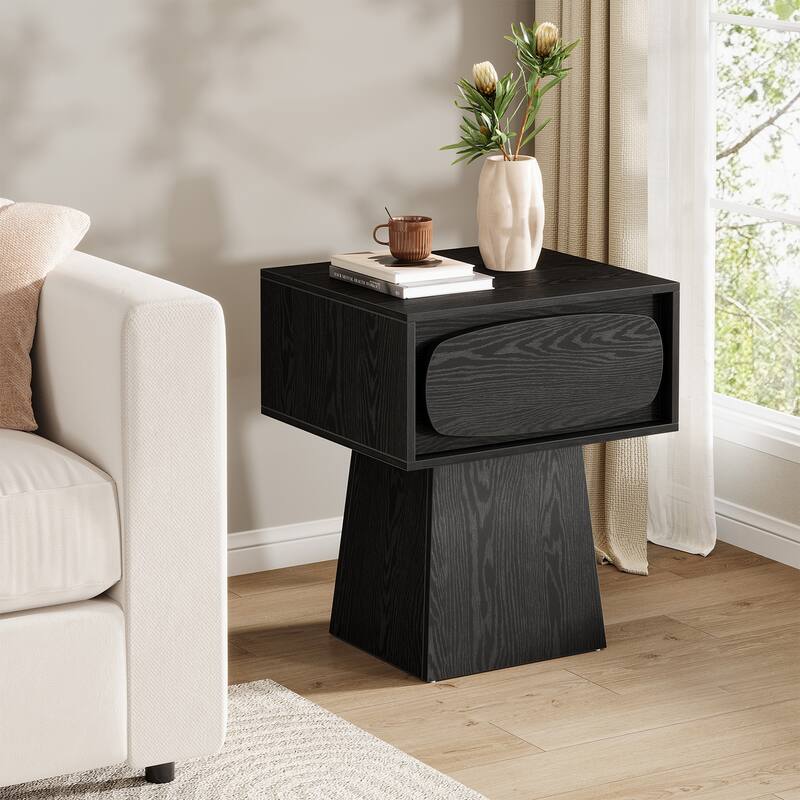 End Table with Drawer Storage, Side Stand for Living Room, Bedroom, Rustic Natural - Black - Large