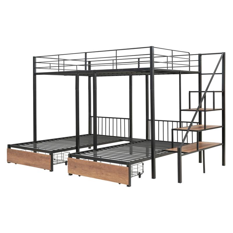 Full Over Twin-Twin Triple Bunk Bed with Drawers and Staircase, Black