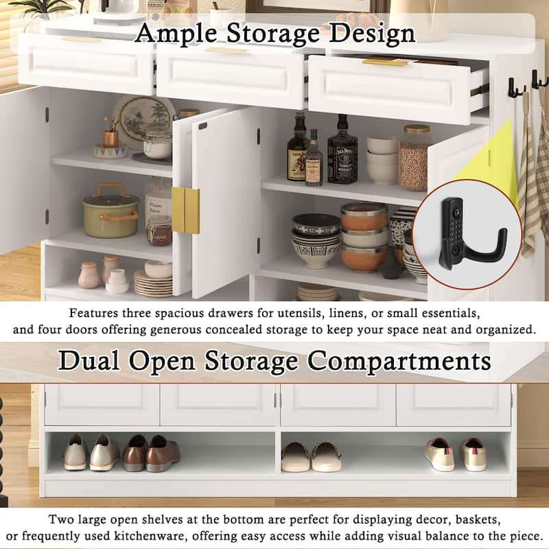 59.1" Farmhouse Sideboard Buffet with 3 Drawers, 4 Doors, Adjustable Shelf & Open Storage Compartments