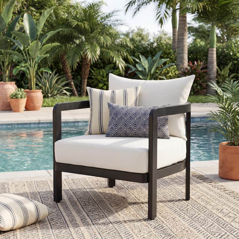 Christopher Knight Home - Modern 27.6" Outdoor Curved Back Patio Club Chair with Aluminum Frame & Water-Resistant Cushions - 1-Piece - Black Frame+White