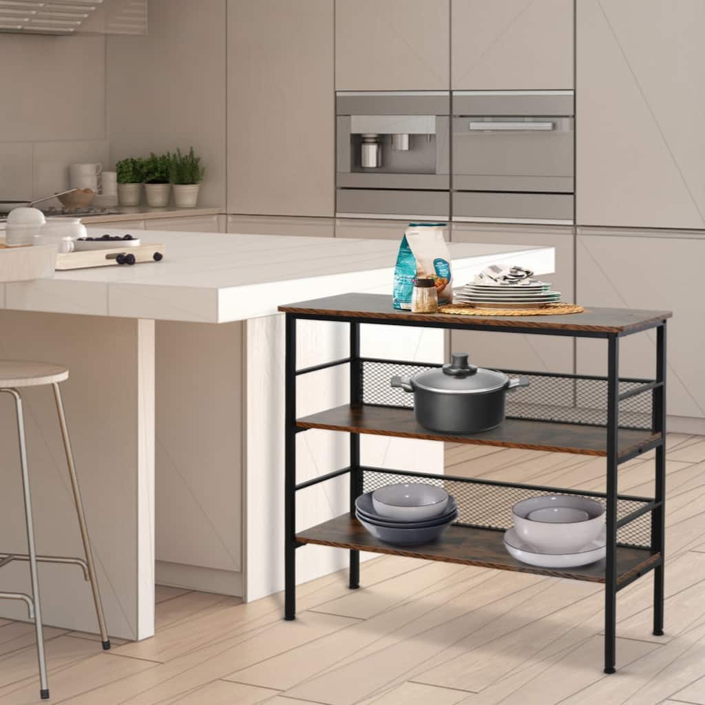 3-Tier Console Table Industrial Style Storage Metal Wooden Shelf with a Robust Multi-Functional Design & Adjustable Feet, Black