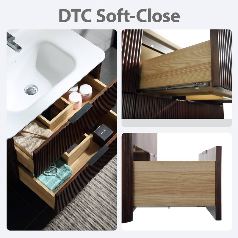 Modland Fluted Floating Vanity with Sink, Plywood Wall Mount Cabinet, Curved Edge, 24/30/36 Inch