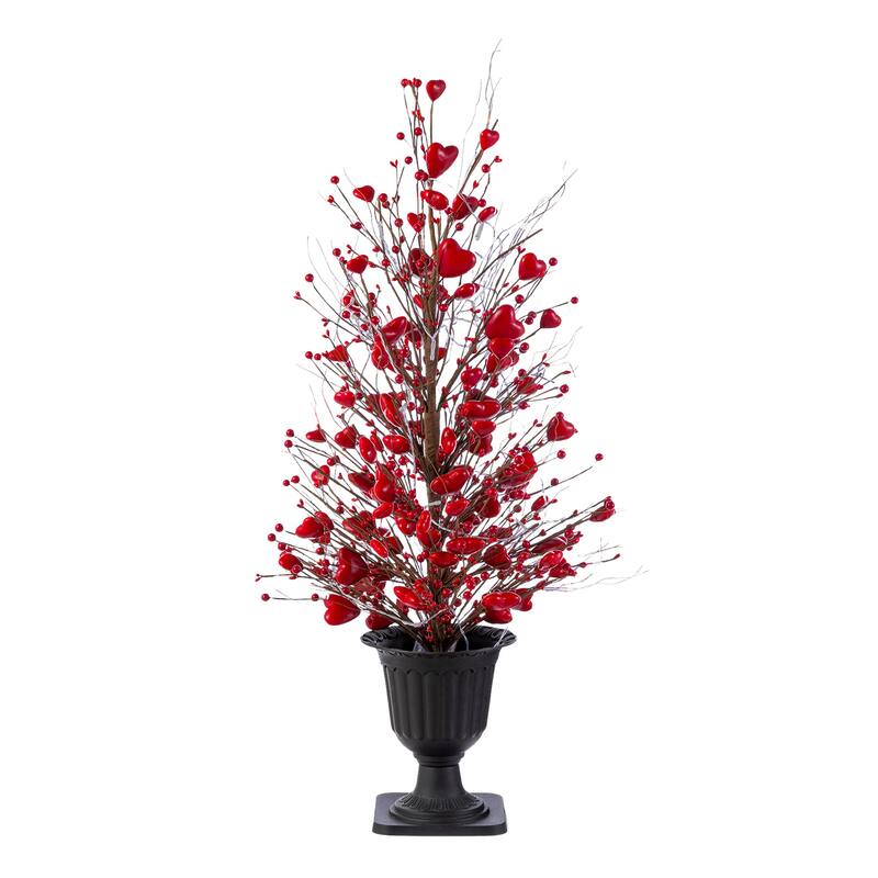 Glitzhome 36"H Valentine's Lighted Berry Heart Urn Porch Tree w/Timer