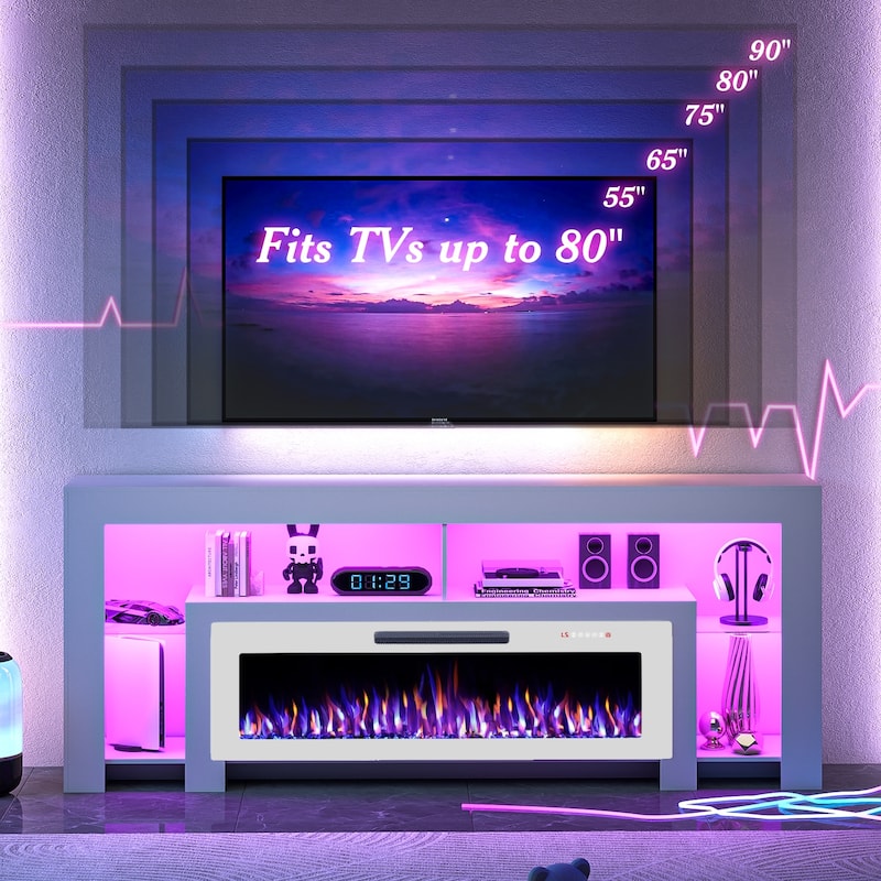 BOSSIN 82" Electric Fireplace TV Stand Entertainment Center, High Gloss with LED Lights, Holds TVs Up to 90 Inches, White
