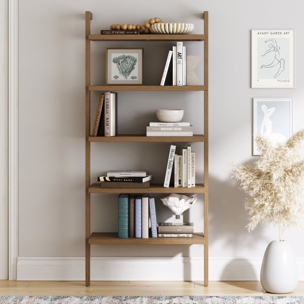 Beacon Boho Rustic 5 Tier Bookshelf, Wall Mounted Solid Wood Bookcase