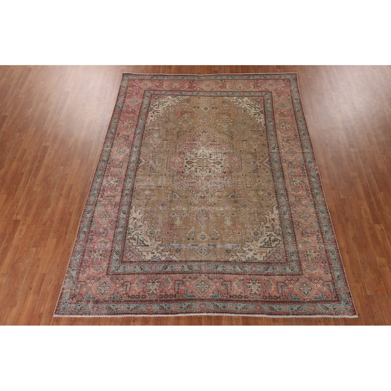 Distressed Gold Tabriz Persian Vintage Rug Handmade Wool Carpet - 8'3"x 10'8"