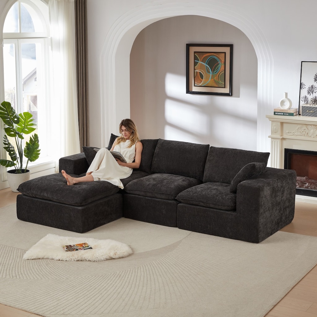 108.26" L-Shaped Modern Chenille Cloud Sofa with Two Pillows