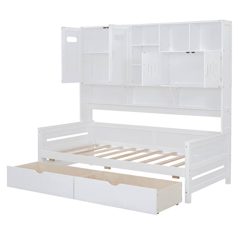 Contemporary Twin/Full Size Wooden Daybed with 2 Storage Drawers, Cabinet, and Shelf - Solid Wood Slats
