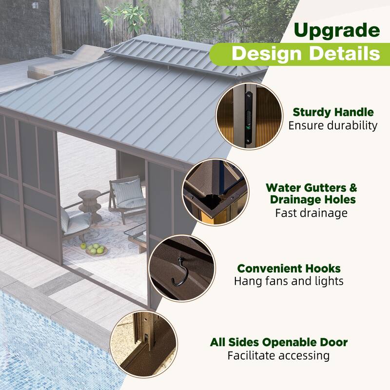 Erommy Outdoor Solarium Sunroom, Patio Hardtop Gazebo, Aluminum Frame Permanent Gazebo with Sliding Doors and Screens