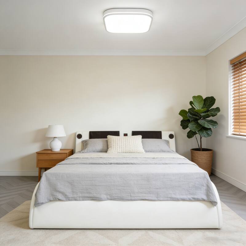 King Size Faux Leather Upholstered Platform Bed Frame with LED lighting, Bluetooth connection to play music control