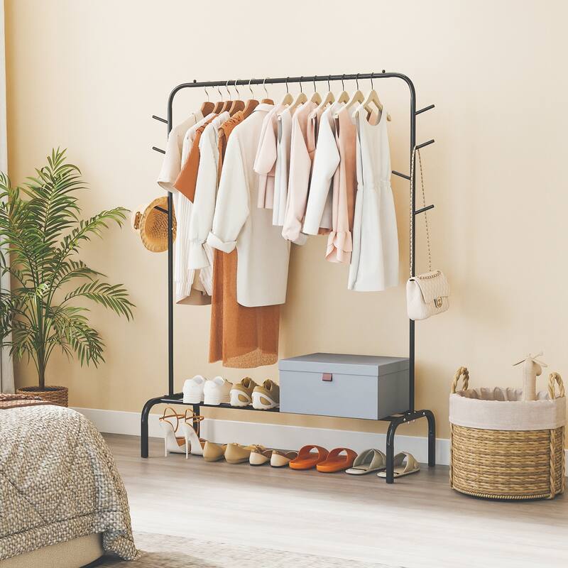 Gymax 50-Inch Wide Metal Garment Wardrobe Rack w/8 Hooks & Storage