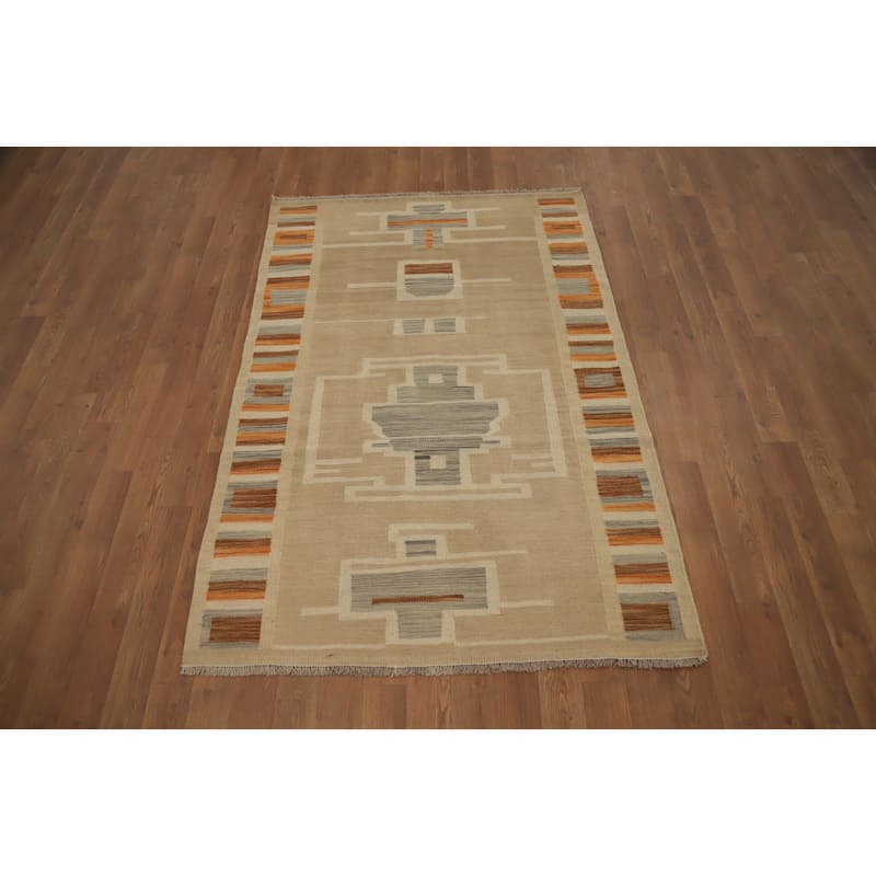 Hand Woven Oriental 100% Wool Carpet Southwestern Tribal Beige & Ivories Kilim Area Rug - 5' 0'' X 3' 5''