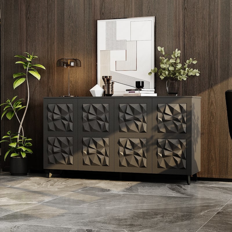 Geometric 4-Door Sideboard Buffet Cabinet with Adjustable Shelves, White Finish