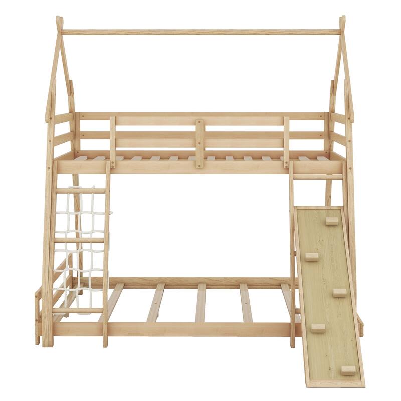 Twin Over Queen Bunk Bed Frame with Climbing Nets and Climbing Ramp