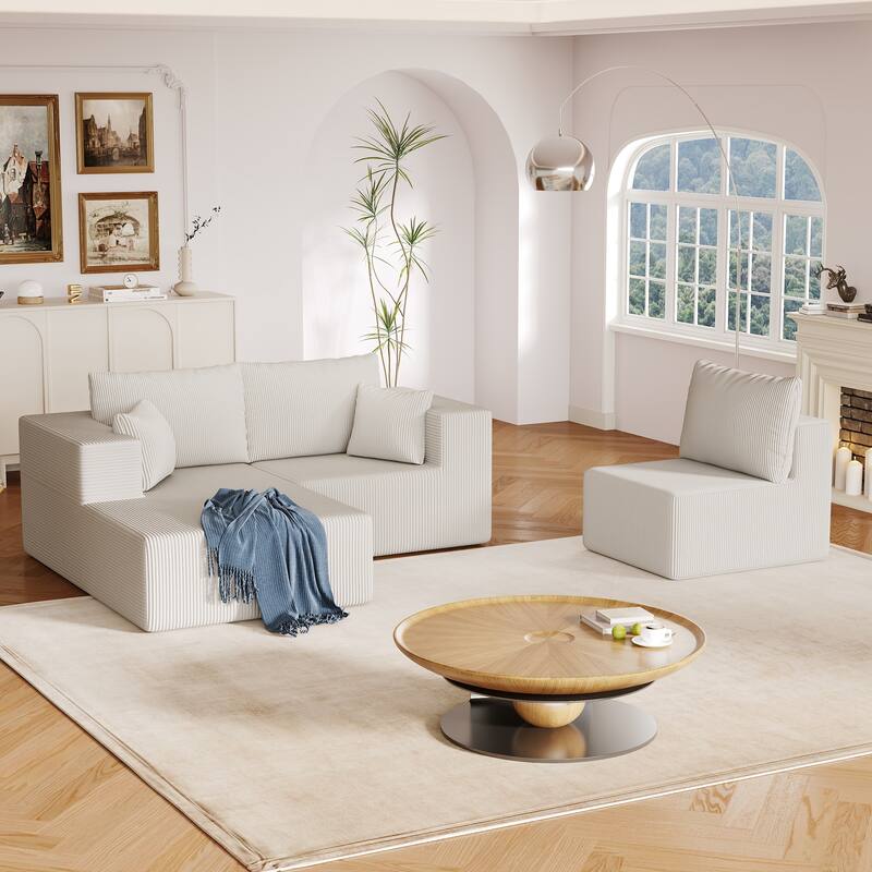 L Shaped Sectional Foam Sofa, Upholstered Corduroy Fabric Sofa, Modular Cloud Couch with Chaise Lounge & Removable Covers