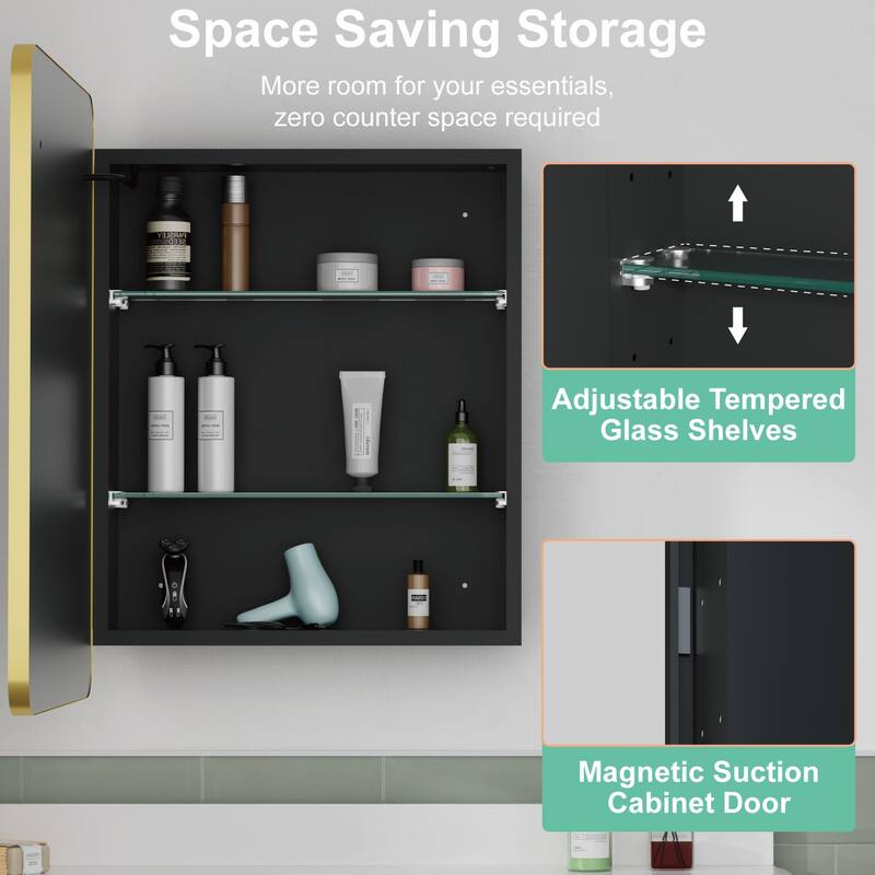 Milo LED Iron Medicine Cabinet with Mirror, Dimmable, Anti-fog, Adjustable Glass Shelves, Recessed or Surface Mount