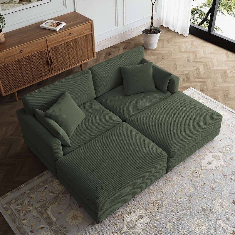 Modern Corduroy Modular Couch Sectional Sofa With Pillows - Green - Symmetrical