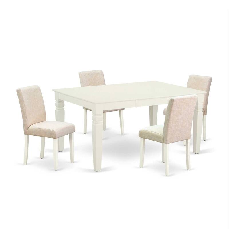 Rectangle Kitchen Dining Table Set - 5pc Table & 4 Chairs - Linen White Legs - Light Beige Fabric