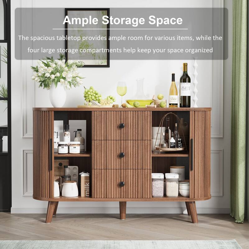 Fluted Sideboard Buffet Cabinet with Tambour Sliding Doors, Modern Coffee Bar Console with Storage & Adjustable Shelves