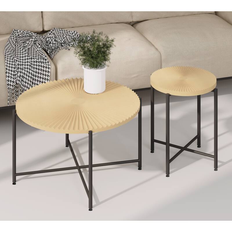 2-Piece Coffee and End Table Set - Waterproof MDF with PVC Cover, Distressed Cylindrical Design