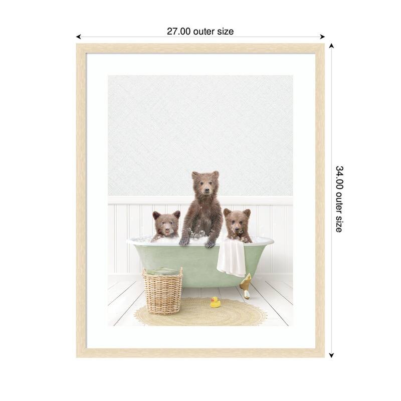 Kate and Laurel Three Bear Cubs in Cottage Green Bath by Amy Peterson Framed Wall Art Print