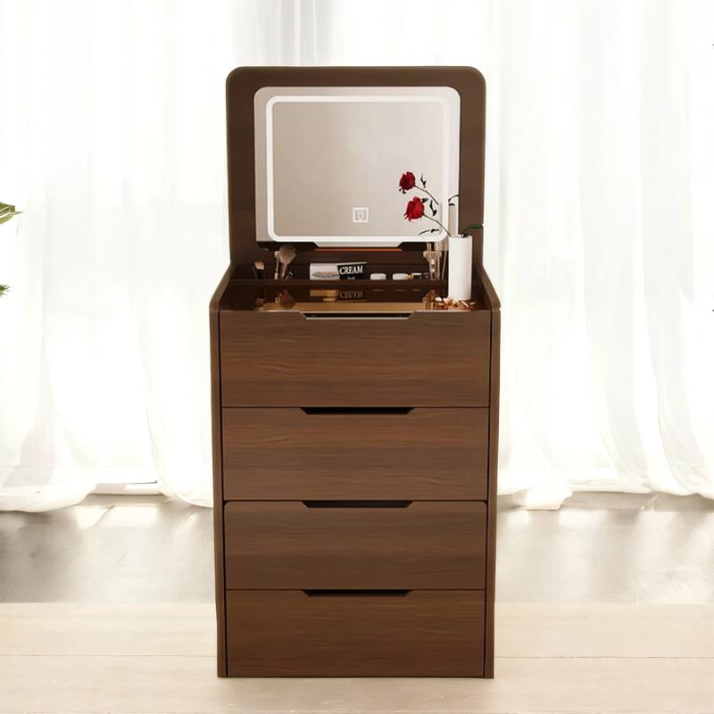 Flip-Top Vanity Table with Lighted Mirror, Makeup Desk, Included Stool