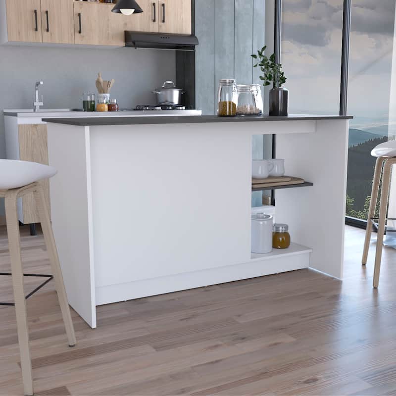 TUHOME Juniper Kitchen Island with Large Top Surface, Double Door Cabinet, and Open Shelves
