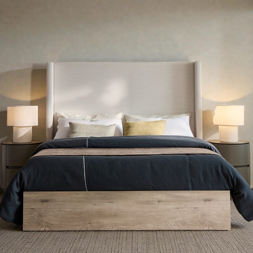 Queen Upholstered Wingback Bed with 54" Tall Headboard, Ivory Chenille, Wood Base, Modern Farmhouse Scandinavian Style